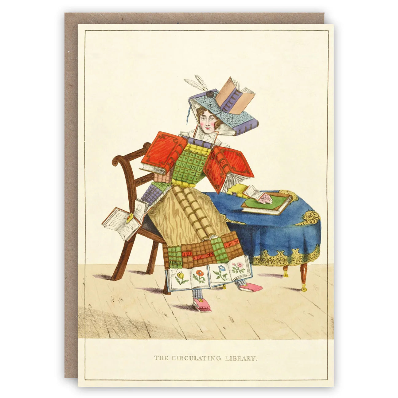 Vintage-style greeting card with a colorful illustration of a woman sitting at a table with books, on a beige background.