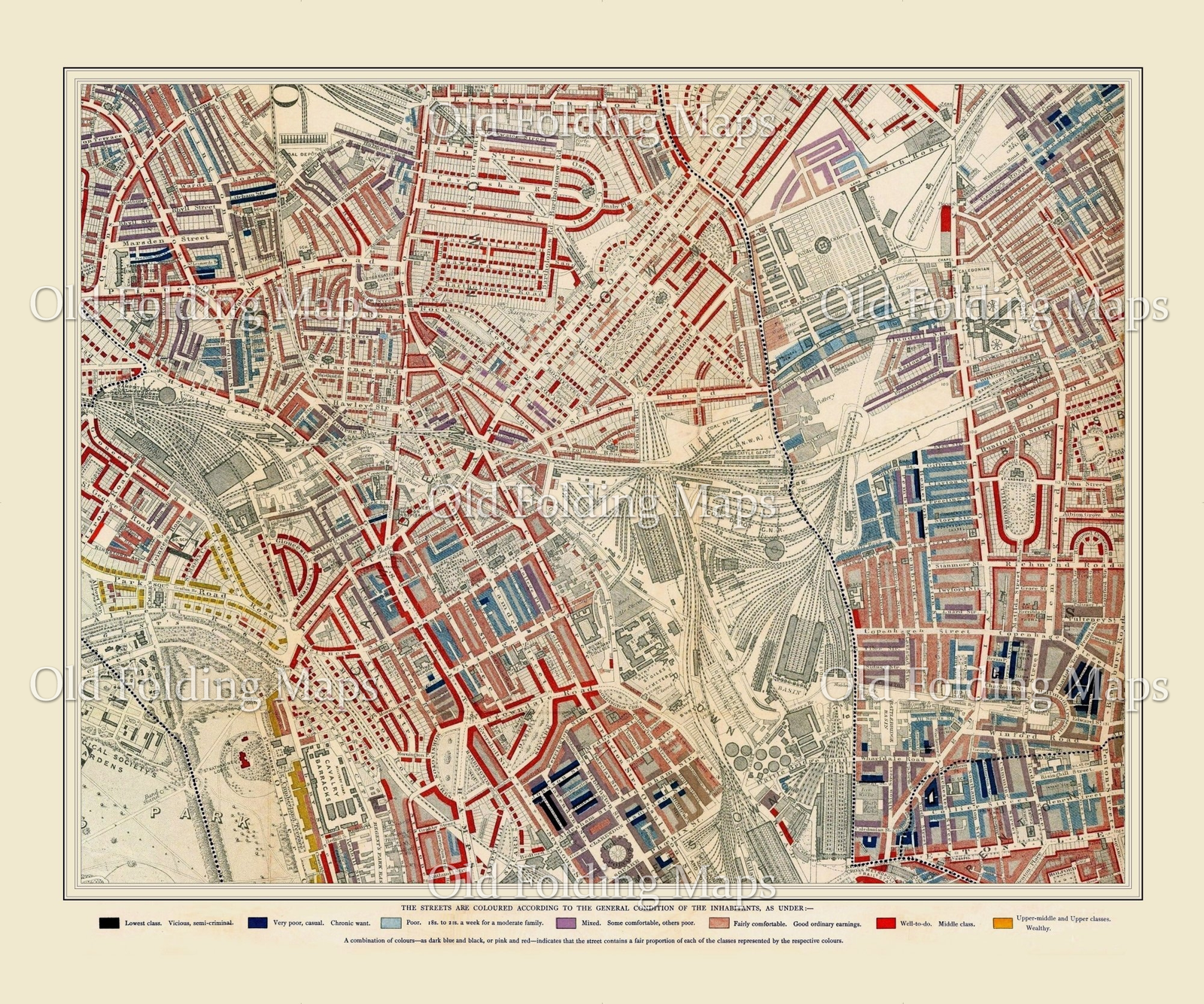 Booth's Map of London Poverty Camden Town, Pentonville, Regents Park circa 1889 reproduction map laid on cloth in slipcase