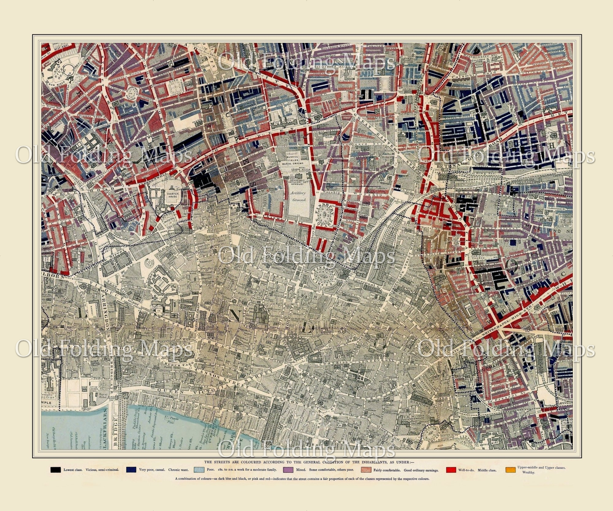 Booth's Map of London Poverty: Clerkenwell, Bethnal Green, Spitalfields circa 1889 reproduction map laid on cloth in slipcase