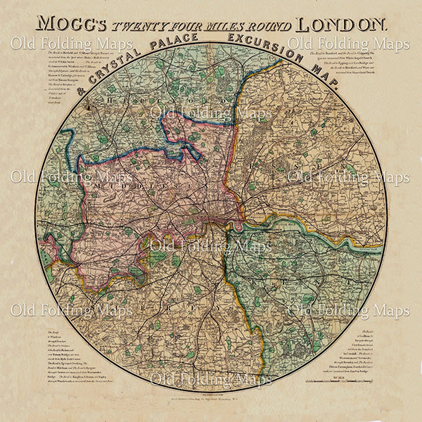'Edward Mogg's 24 Miles Round London' circa 1859 reproduction map laid on cloth in slipcase