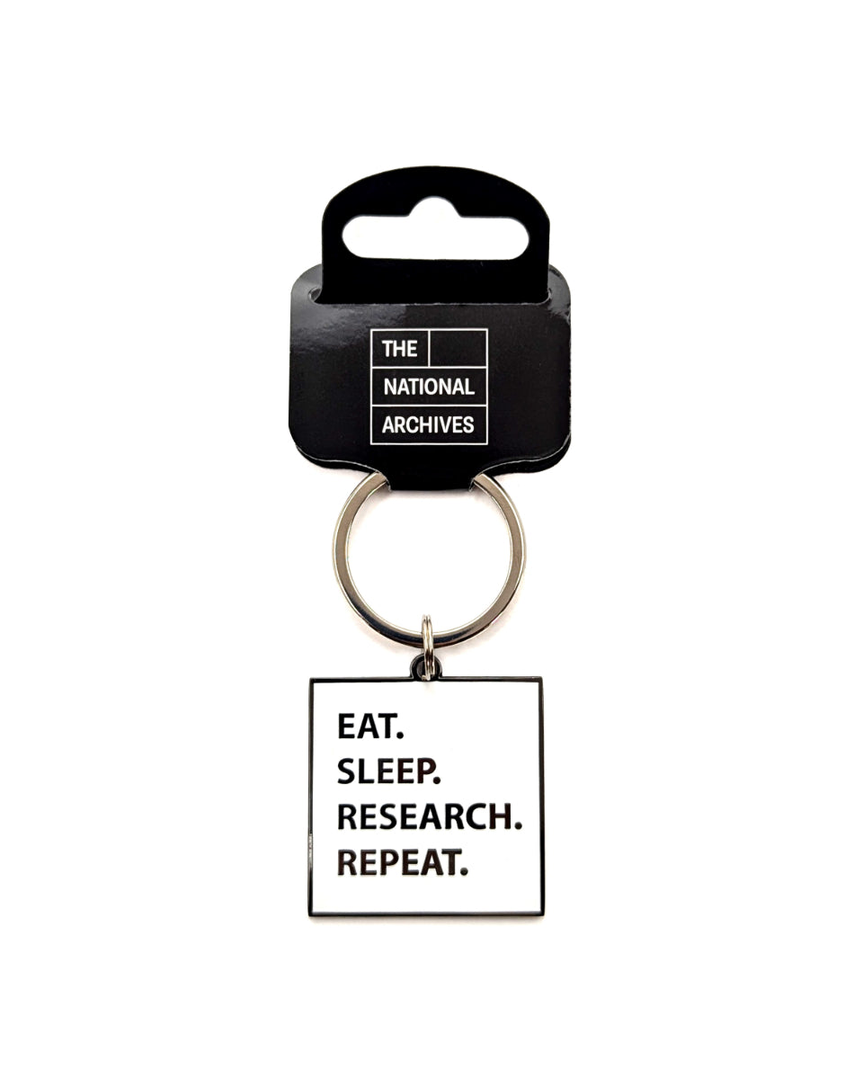 A square white metal keychain with black text reading 'EAT. SLEEP. RESEARCH. REPEAT.