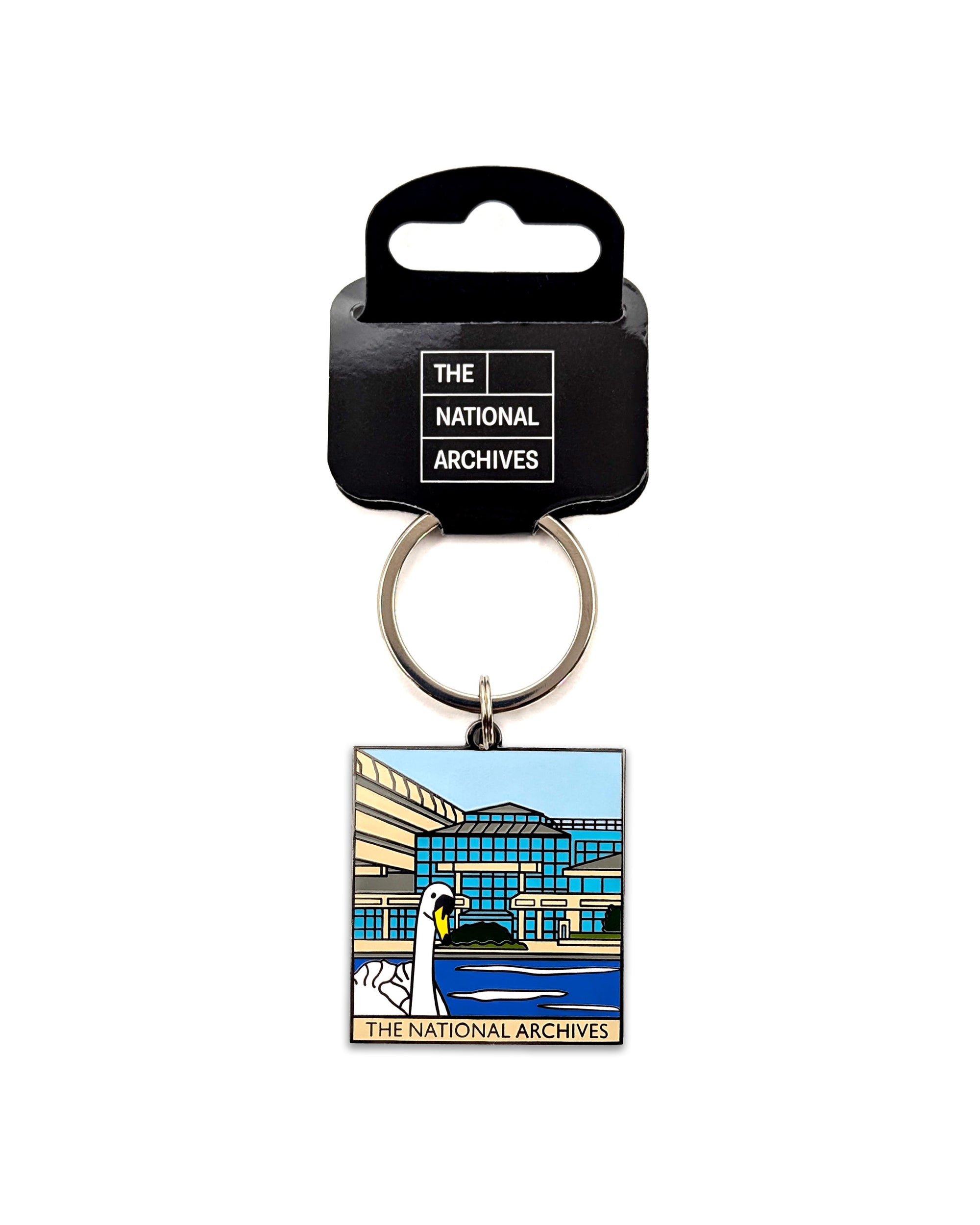 A square enamel pin featuring an illustration of The National Archives building and peering swan, attached to a silver keyring and displayed on a black hanging card labeled 'THE NATIONAL ARCHIVES'.