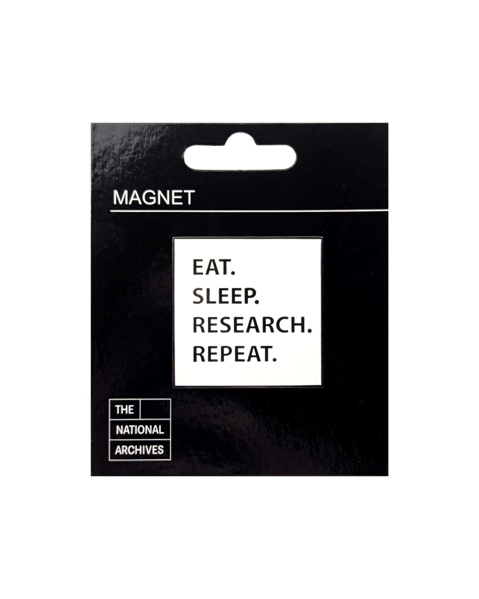 White enamel magnet with black contemporary motto reading EAT. SLEEP. RESEARCH. REPEAT. Shown on black branded backing card.