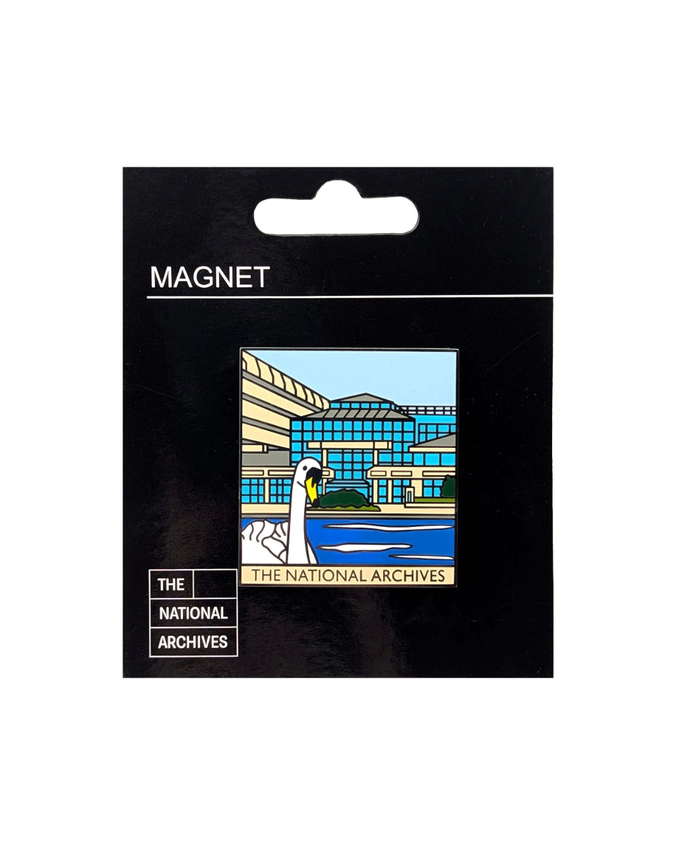 An enamel magnet depicting The National Archives building and a peering swan, mounted on a black backing card labeled 'MAGNET' and 'THE NATIONAL ARCHIVES'.