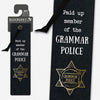 Bookmark plus close up of the Grammar Police slogan