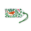 Gift tag with a bird and holly design on a white background