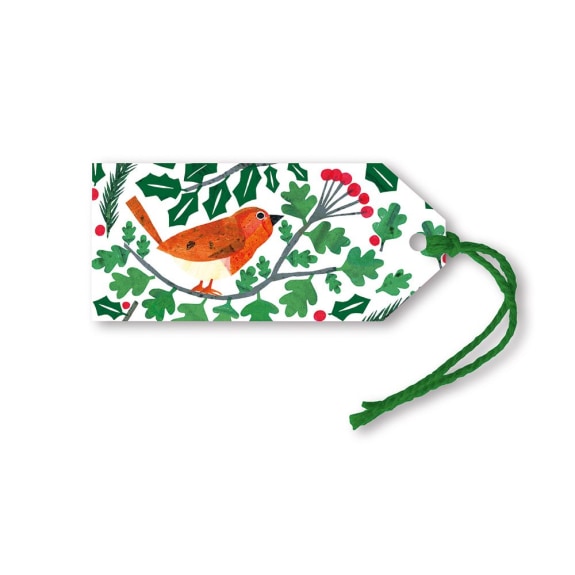 Gift tag with a bird and holly design on a white background