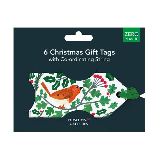 Pack of Christmas gift tags with a bird design on a dark green background