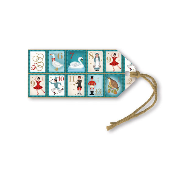 Gift tag with illustrated 12 Days of Christmas characters on a white background