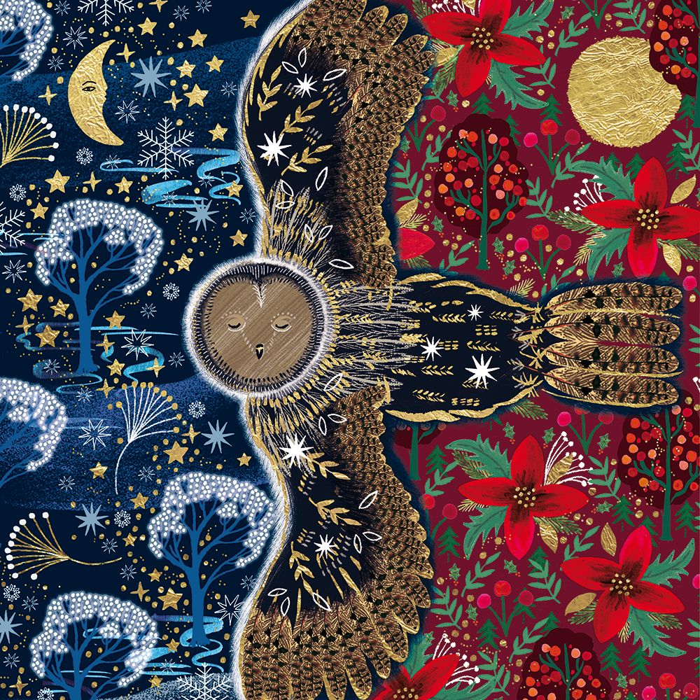 Christmas card design of a stylised owl in flight with a red and blue day and night background