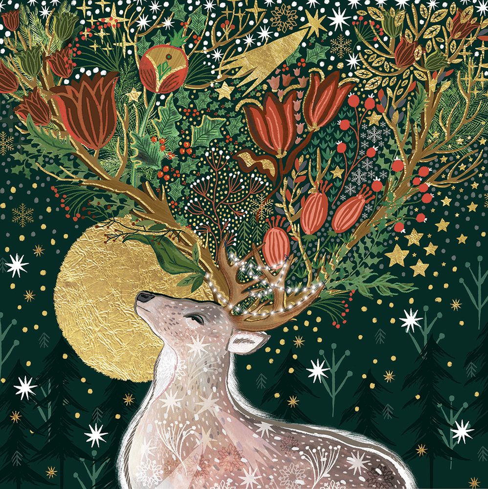 Christmas card design featuring a stylised illustration of a stag with antlers full of winter flowers
