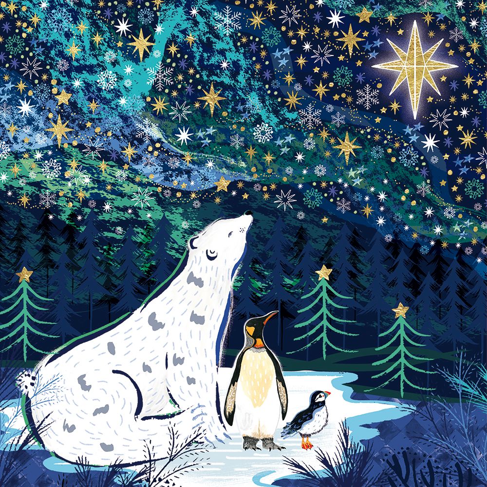 Square Christmas Card: A whimsical winter night illustration showing a polar bear sitting beside a penguin and a smaller bird in a snowy landscape under a starry sky with snowflakes and glowing stars.