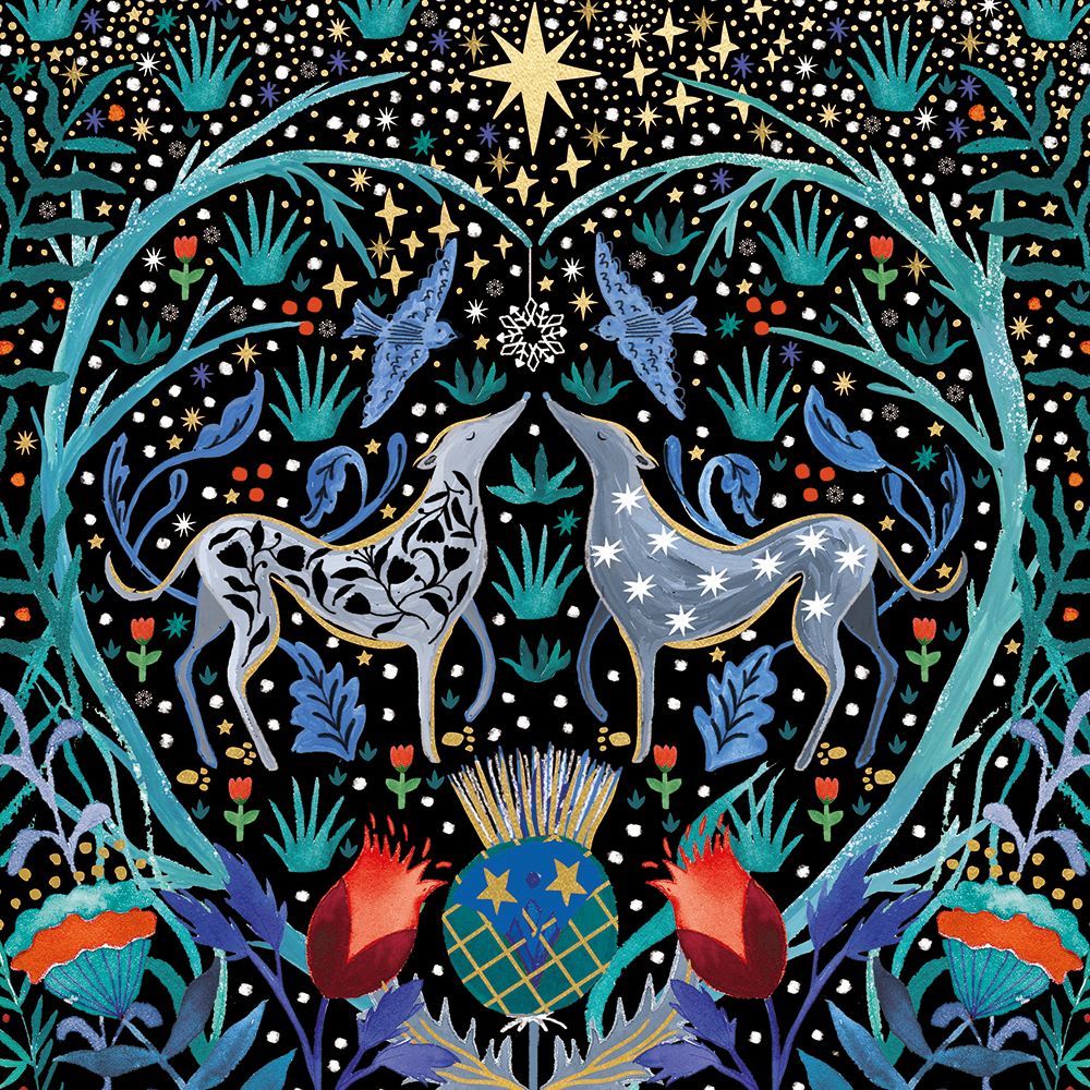 Christmas Card illustration featuring animals and birds in a heart shape