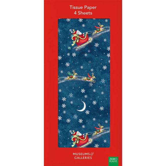 Tissue paper packaging with Santa Claus in sleigh design on a blue background.