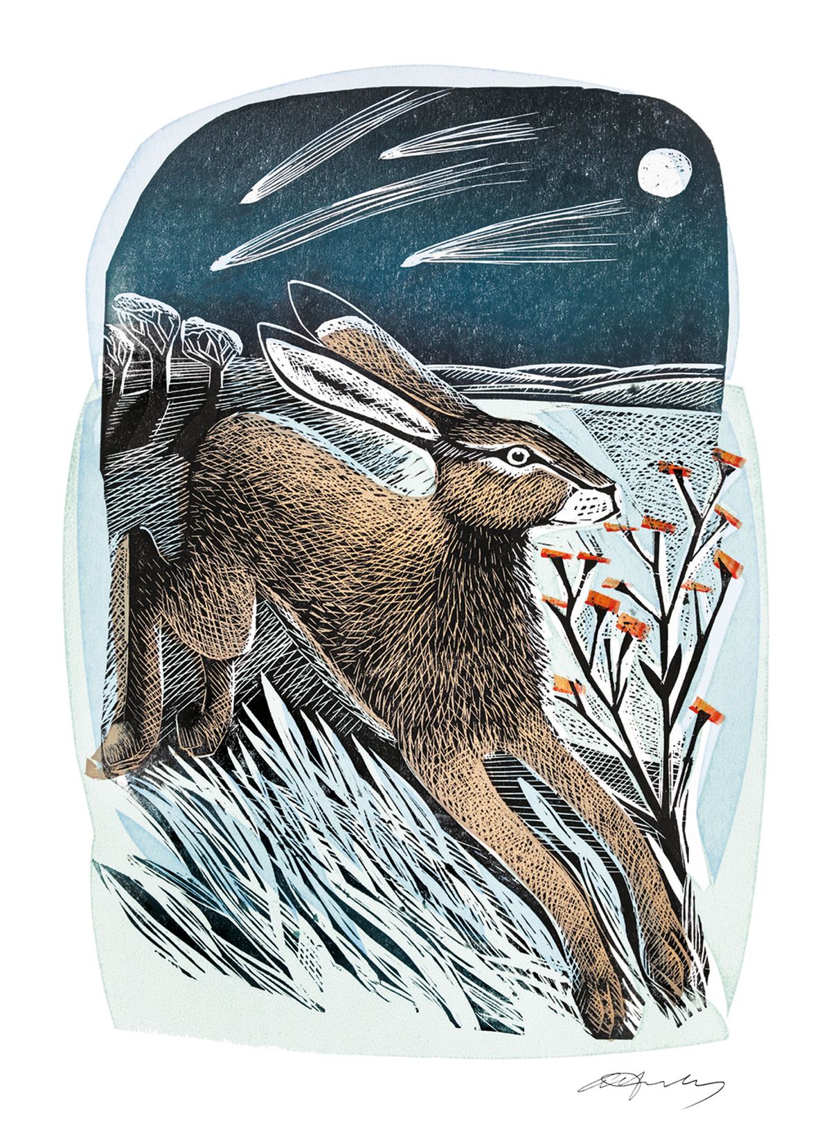 Christmas card design featuring an illustration by Angela Harding of a hare in motion