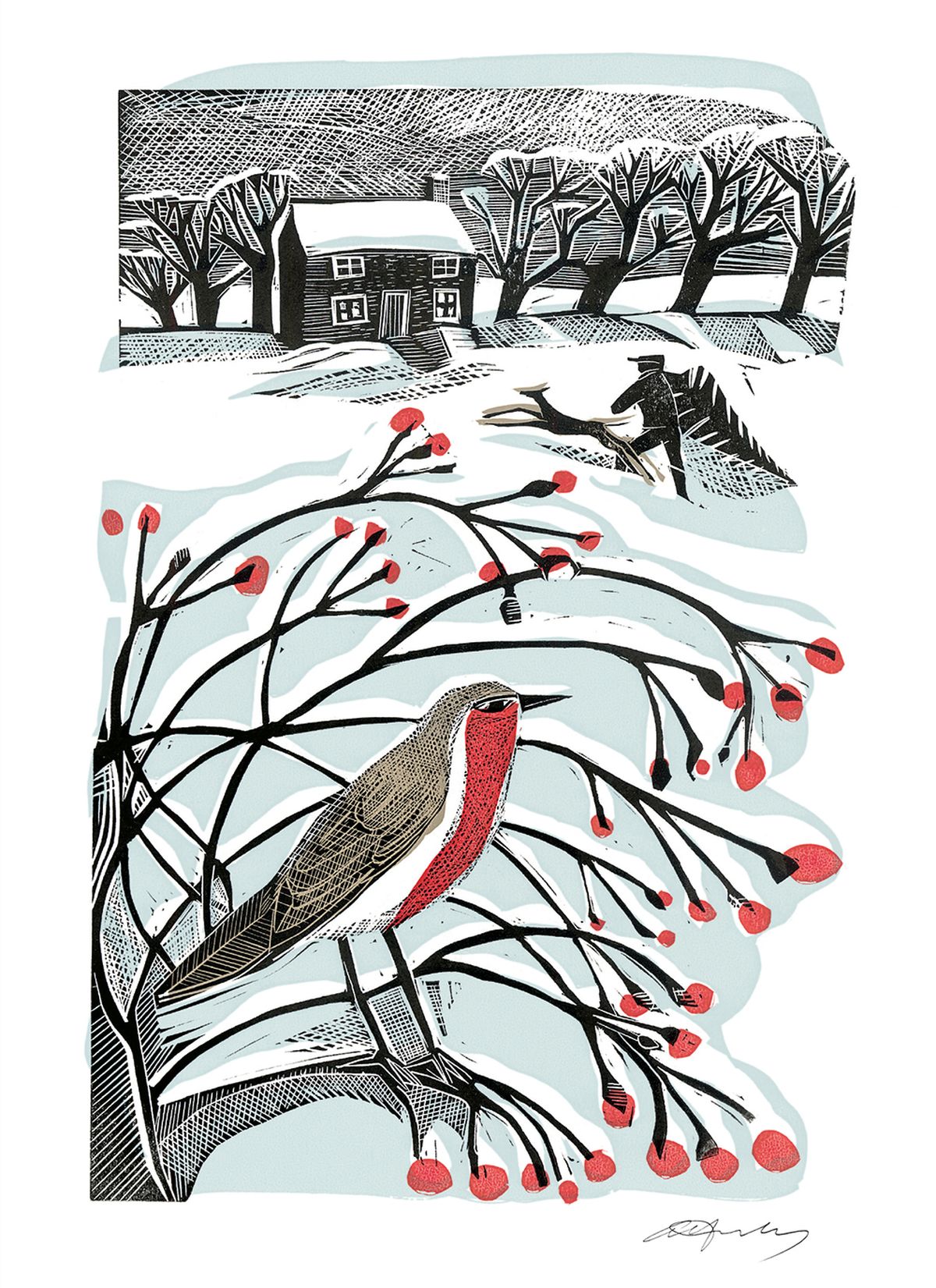 Christmas card design featuring an illustration by Angela Harding of a robin on a branch and a silhouetted person and dog behind carrying a tree to their home in a snowy landscape