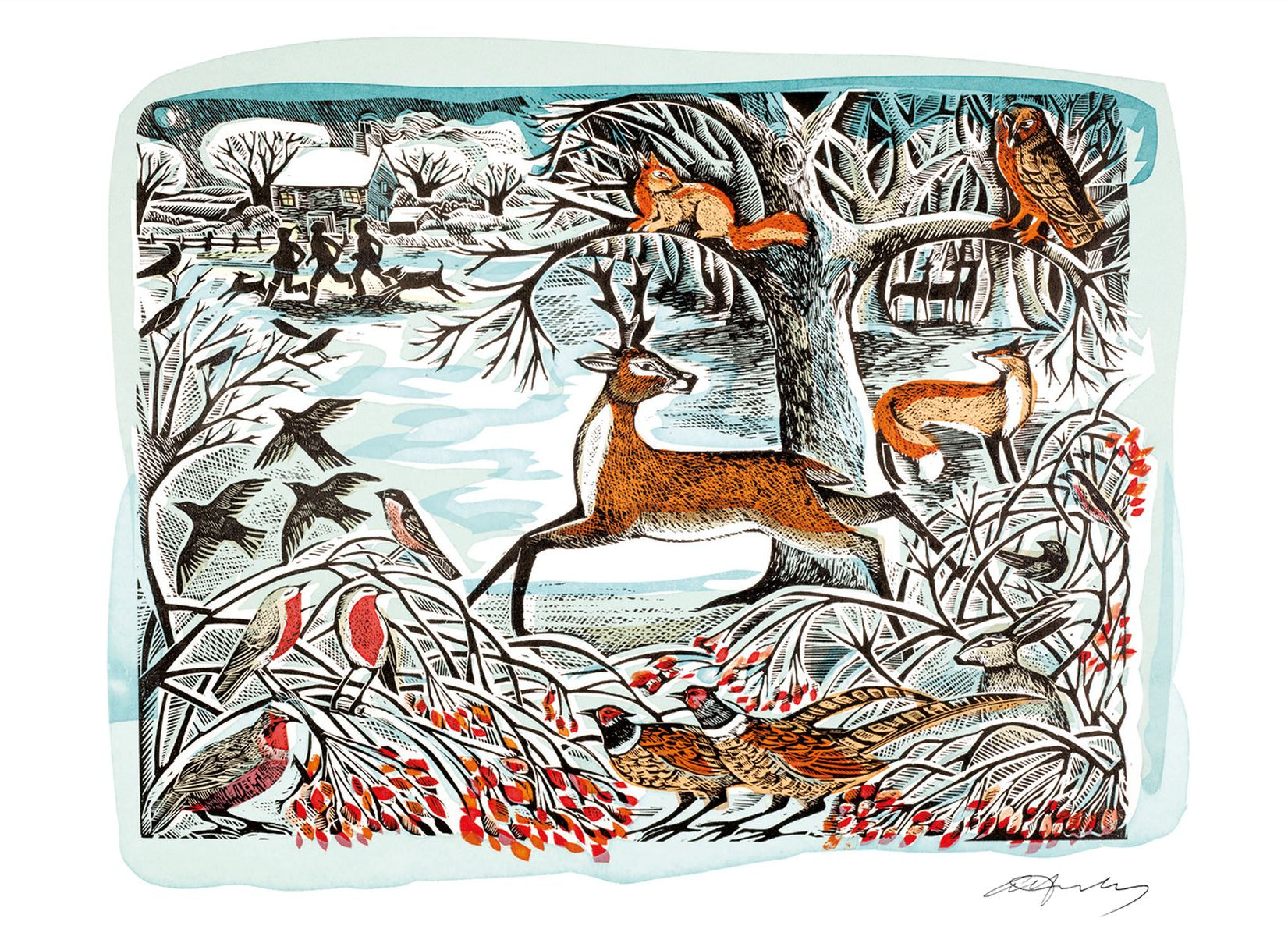 Christmas card design featuring an illustration by Angela Harding of a detailed woodland illustration with deer, birds, squirrels, owl, hare, pheasants and snowy landscape, rendered in black linework with orange-brown and pale blue washes on a white background.