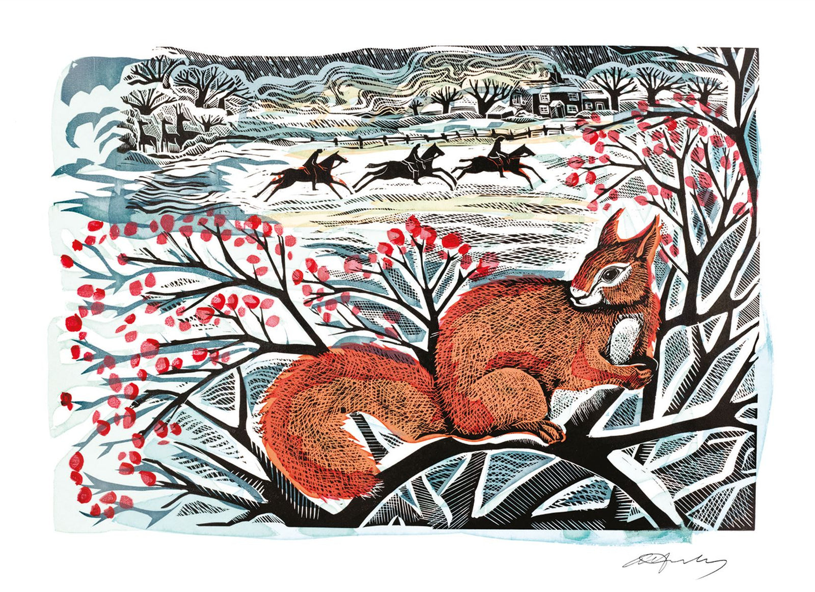 Christmas card design featuring an illustration by Angela Harding of a red squirrel on a berry branch with stylised silhouetted horse riders in the background in a snowy landscape
