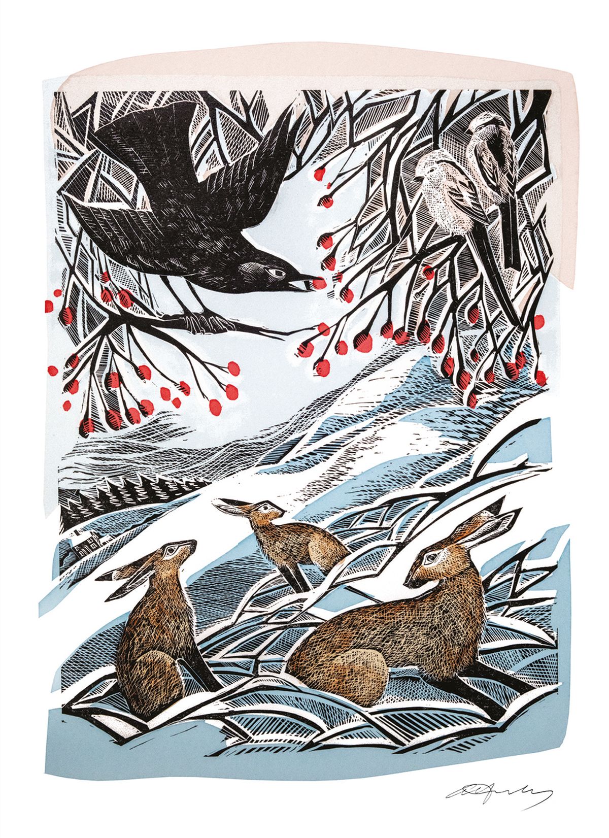 Christmas card design featuring an illustration by Angela Harding of a crow on a berry branch and three hares in a snowy landscape