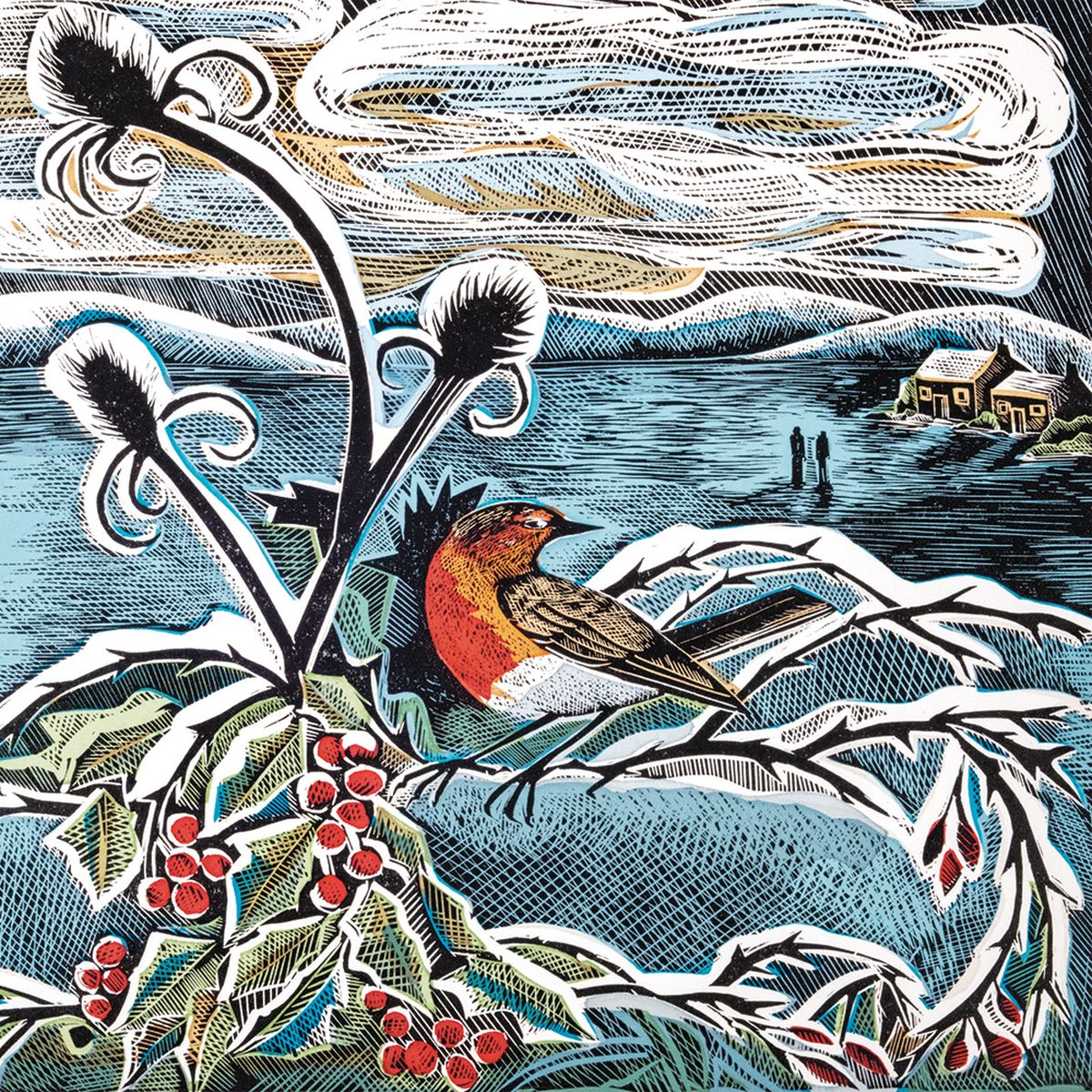 Christmas card design featuring an illustration by Angela Harding of a robin on a thistle with holly and berries and farmhouse