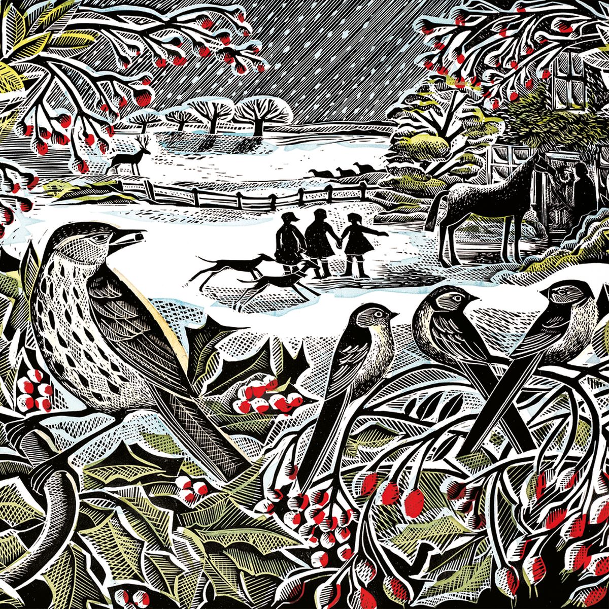 Christmas card design featuring an illustration by Angela Harding of  birds, trees, and silhouetted people, dogs and a horse in a snowy landscape.