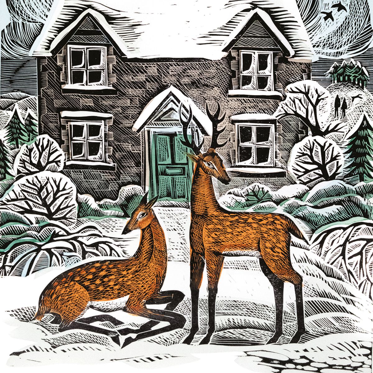 Christmas card design featuring an illustration by Angela Harding of a two woodland deer in front of house in a snowy landscape