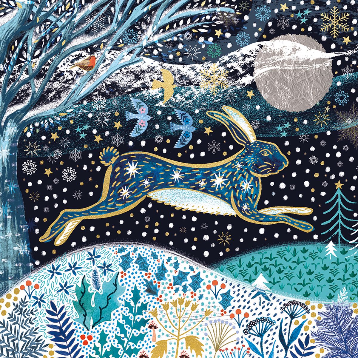 Christmas card design of an illustration of a stylised hare in motion and landscape