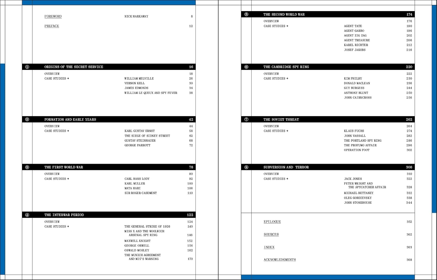 A printed page spread from the book showing content headings such as 'The Gathering of the Stars,' 'The Harvest Epoch,' and 'The Last Time,' presented on a white page with blue page borders.