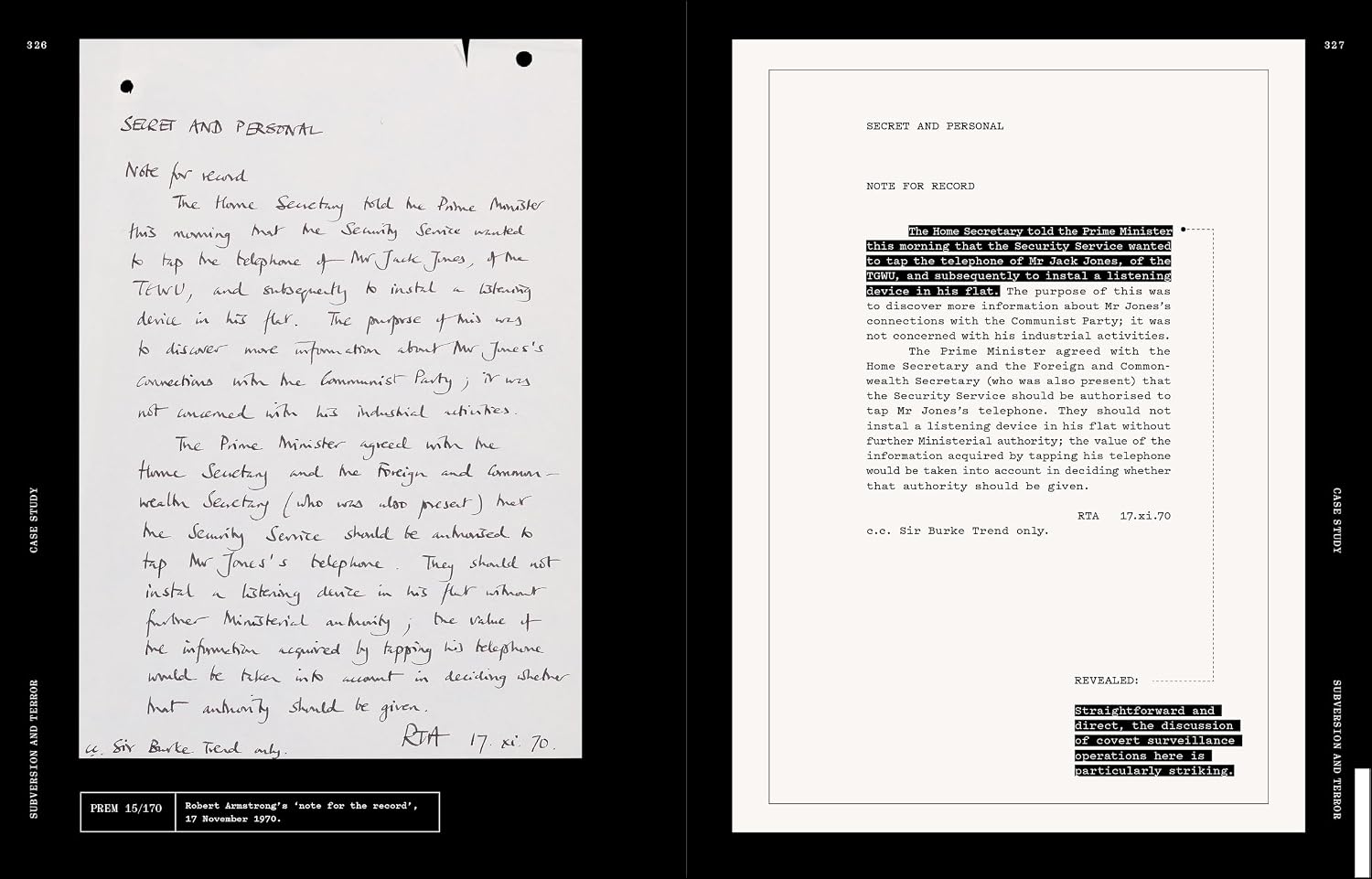 A page view from the book, showing a handwritten note on the left and a typed transcript on the right.