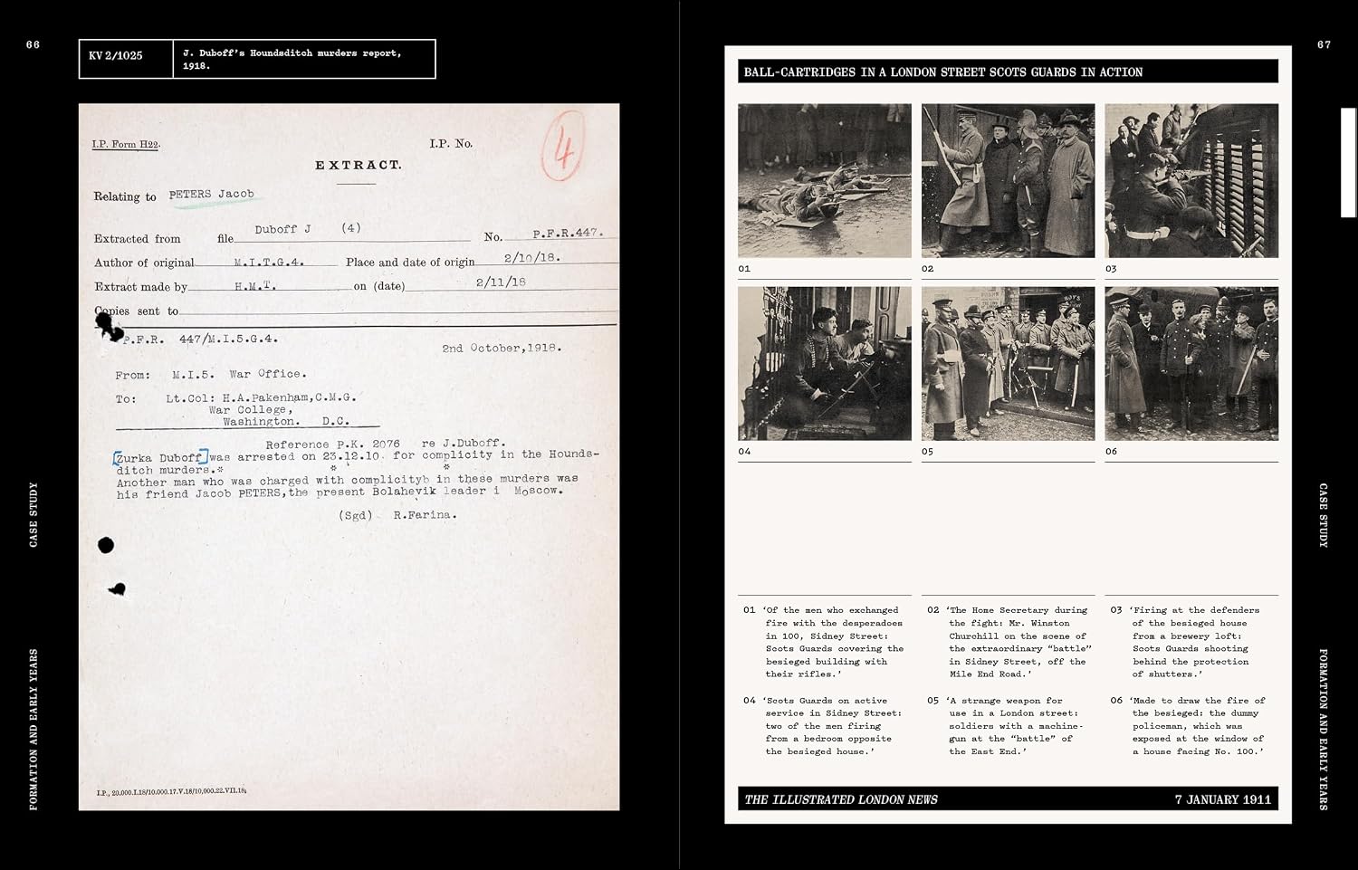 A page spread from the book showing a left-hand page with typed correspondence and a right-hand page with six black-and-white photographs and columns of text. 