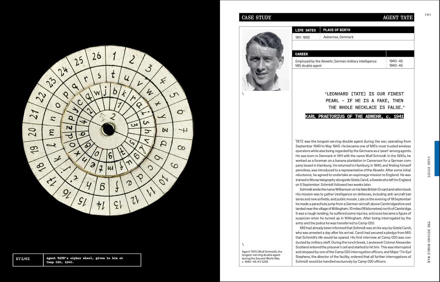 A page view  from the book  showing a decrypted circular cipher wheel on the left and an article titled 'CASE STUDY: AGENT STATE'.