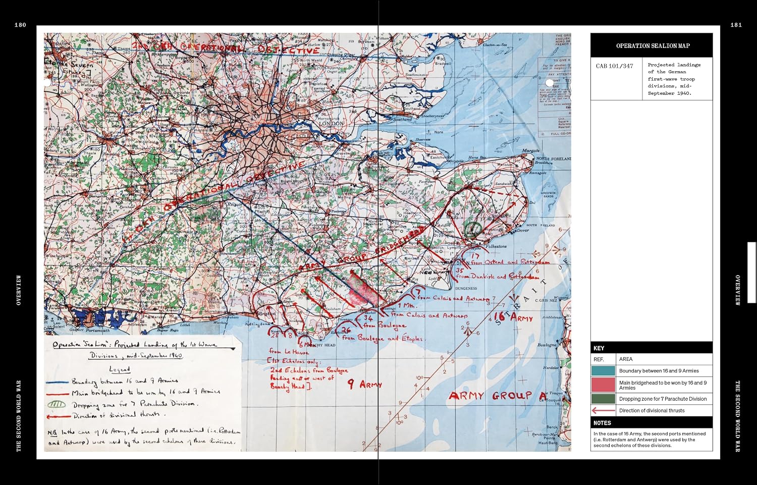 A printed map page from the book showing a detailed coastal and road network with handwritten red and black markings, plus a narrow sidebar with text on the right, photographed against a dark background.