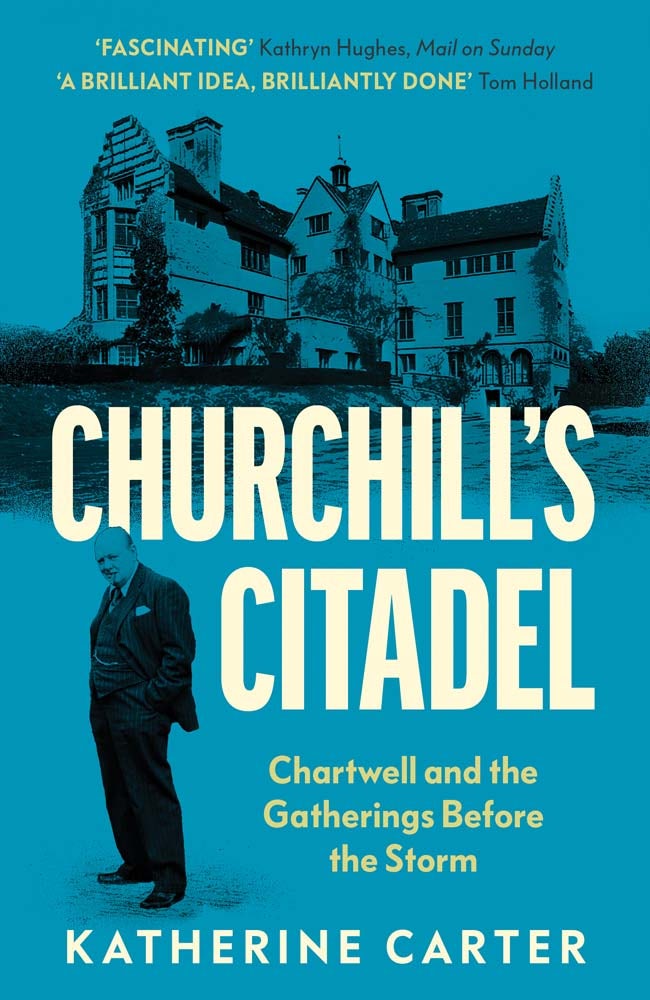 Book cover of 'Churchill's Citadel' with a man standing in front of a large house.