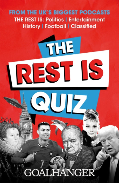 Book cover of 'The Rest Is Quiz' with various famous people and a red background.