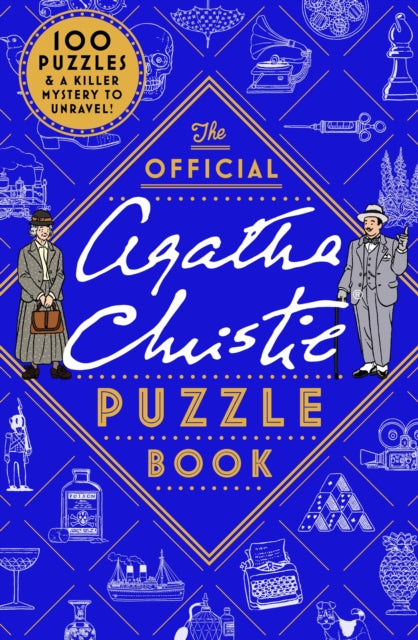 Book cover of 'The Official Agatha Christie Puzzle Book' with illustrations and text on a blue background.