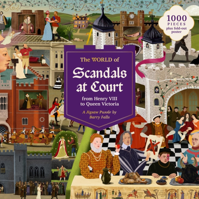 The front cover of a jigsaw puzzle titled 'The World of Scandal at Court' featuring a detailed medieval Tudor scene with historical figures, castles, and court life. The cover includes a large purple title banner and a badge that says '1000 Pieces plus fold-out poster.
