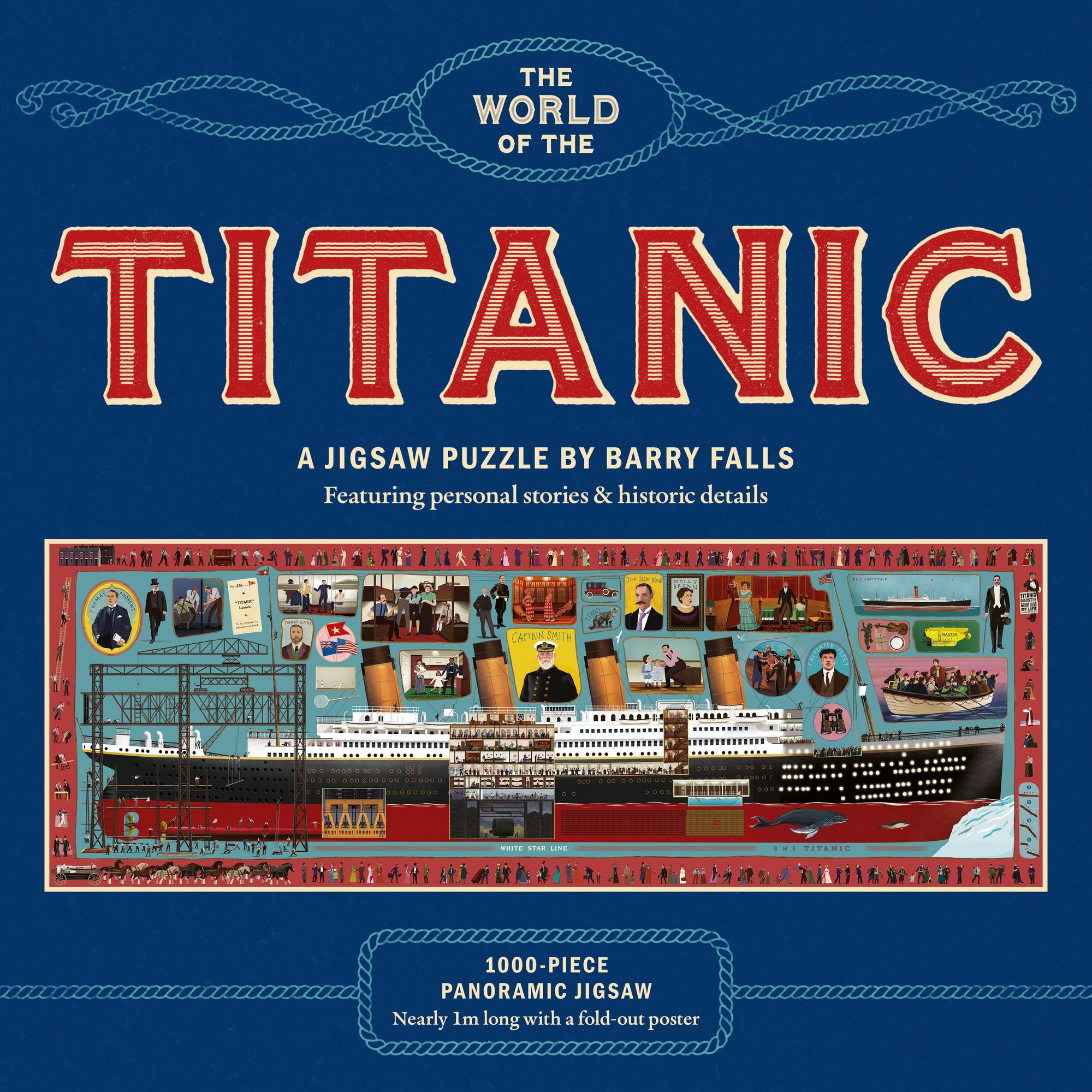 Jigsaw puzzle box for 'The World of the Titanic' by Barry Falls on a blue background