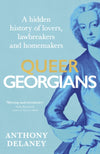 Book cover of &#39;Queer Georgians&#39; with a historical figure and text on a blue background