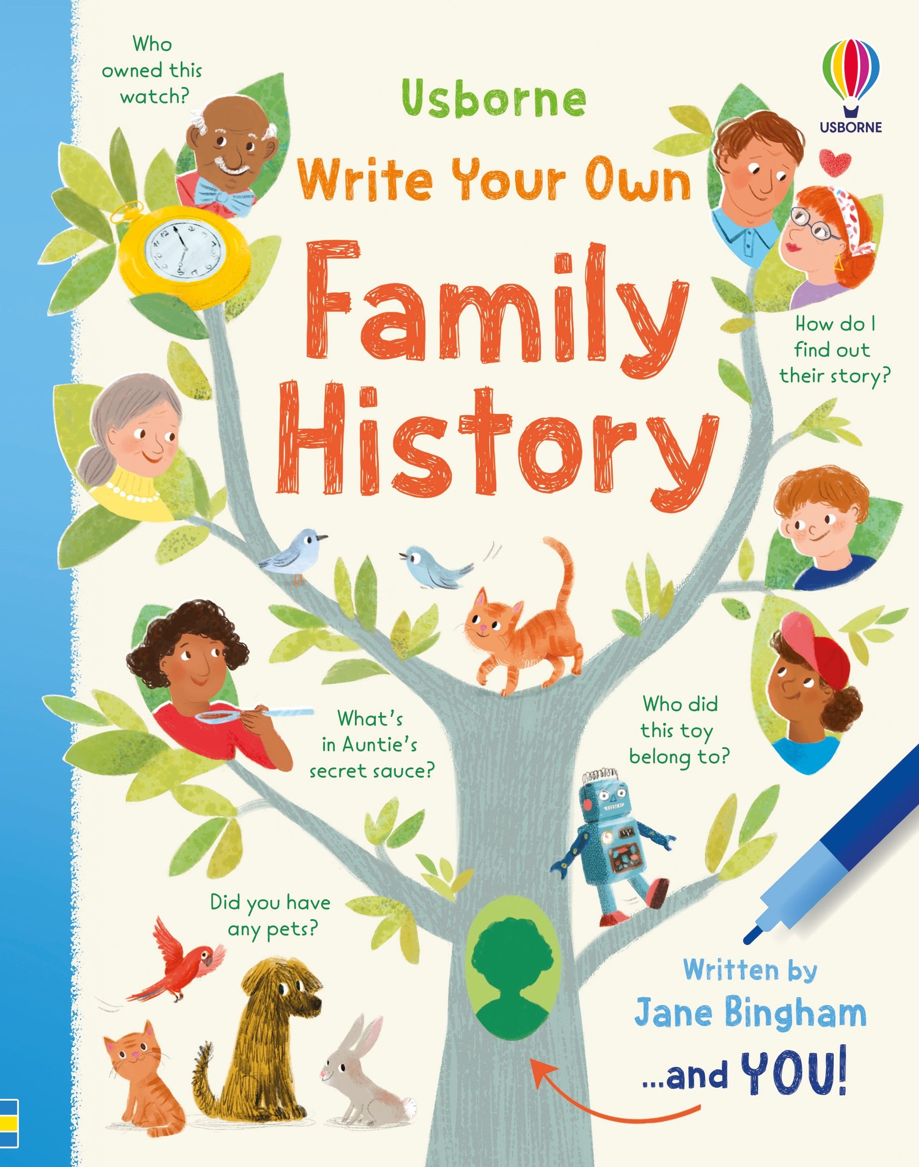 Book cover of 'Write Your Own Family History' with illustrations of children and animals on a family tree.