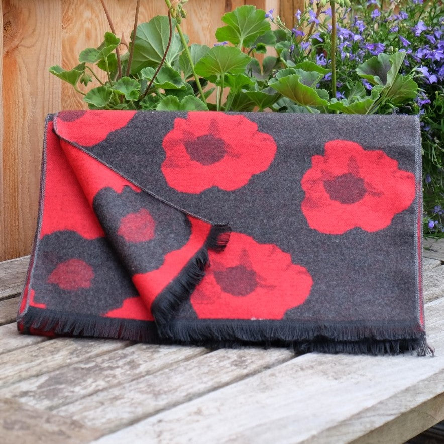 Multi red poppy scarf with grey background