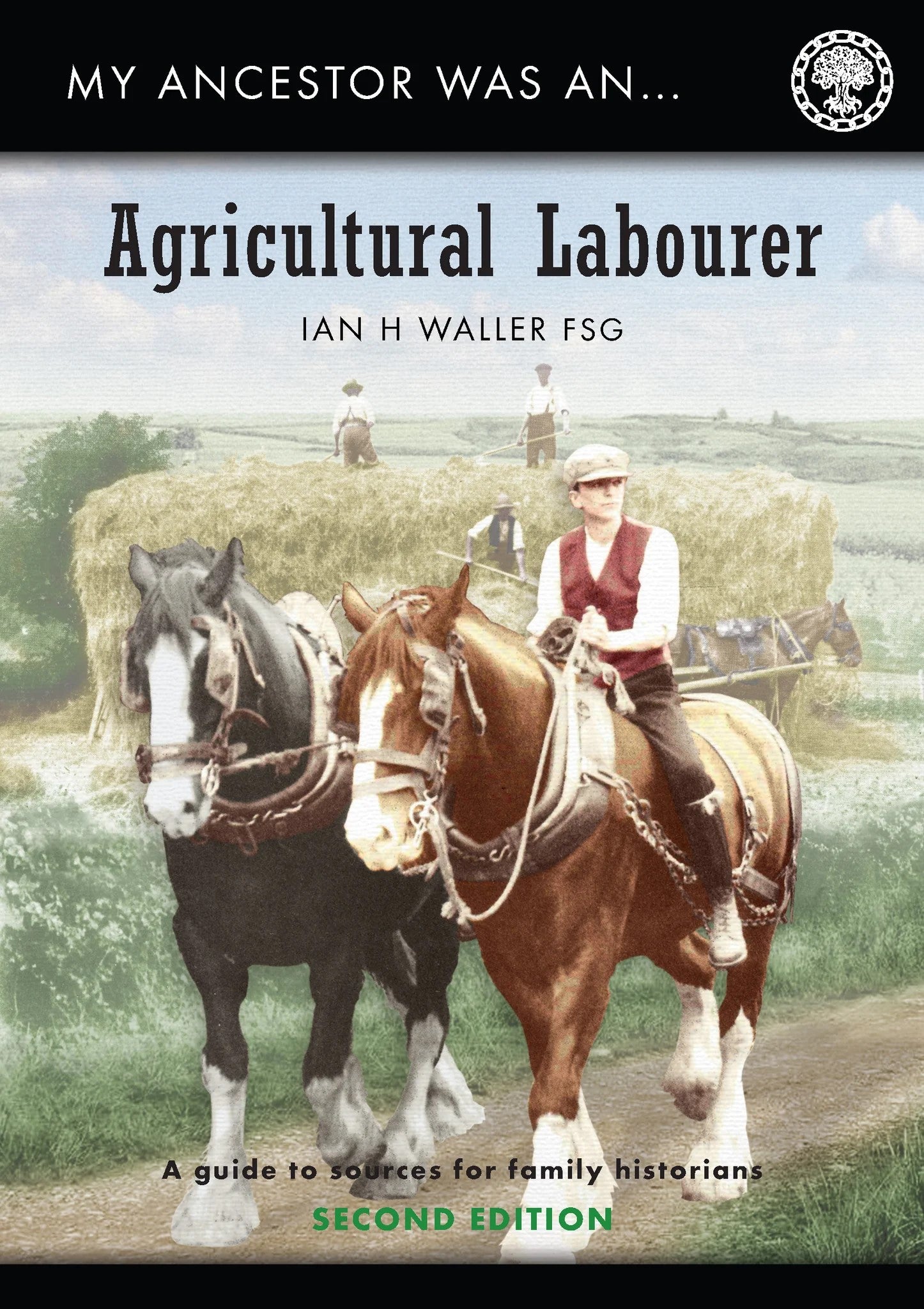 Book cover of 'My Ancestor Was an Agricultural Labourer' by Ian H. Waller with a scene of two horses and a person on a farm.