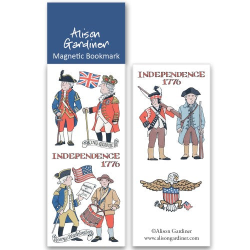 Illustrated bookmark showing key figures from The American Independence in a whimsical style
