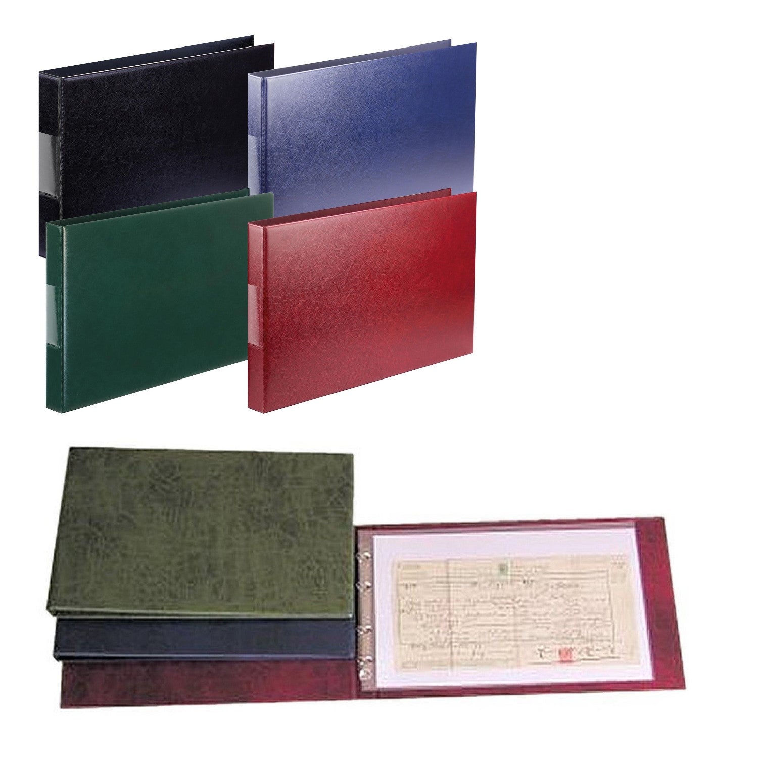 Collection of photo albums in various colors on a white background