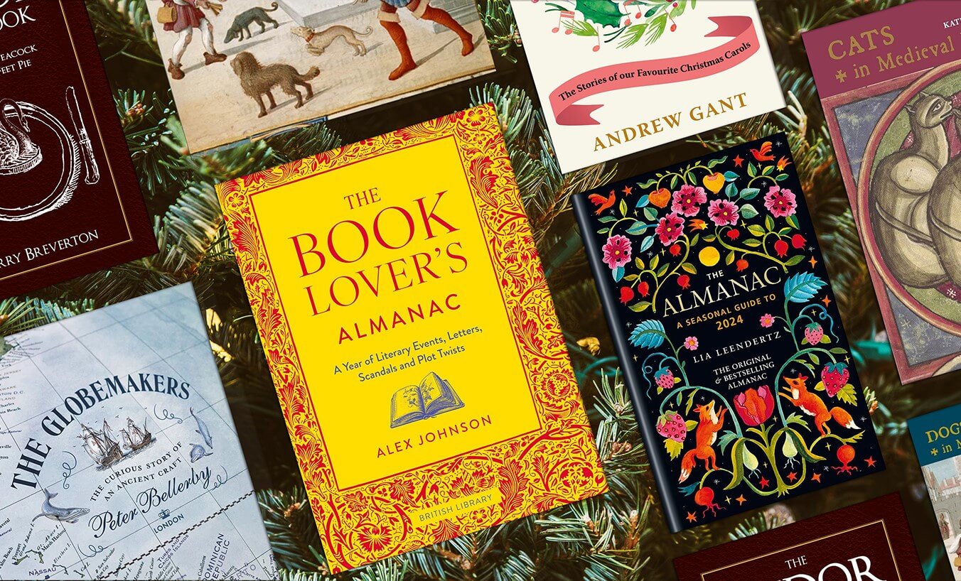 A selection of book covers on a festive background