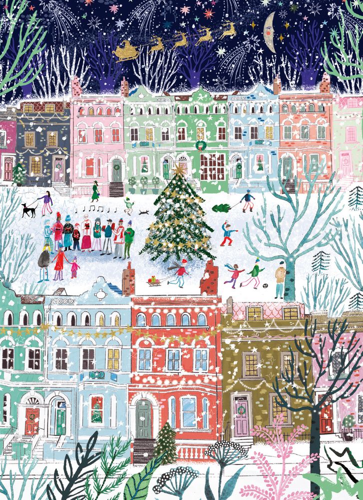 Illustration of a festive street scene with houses, Christmas trees, and people enjoying winter activities.