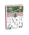 Christmas Card box with festive illustration of a city scene, Christmas tree, and people skating.