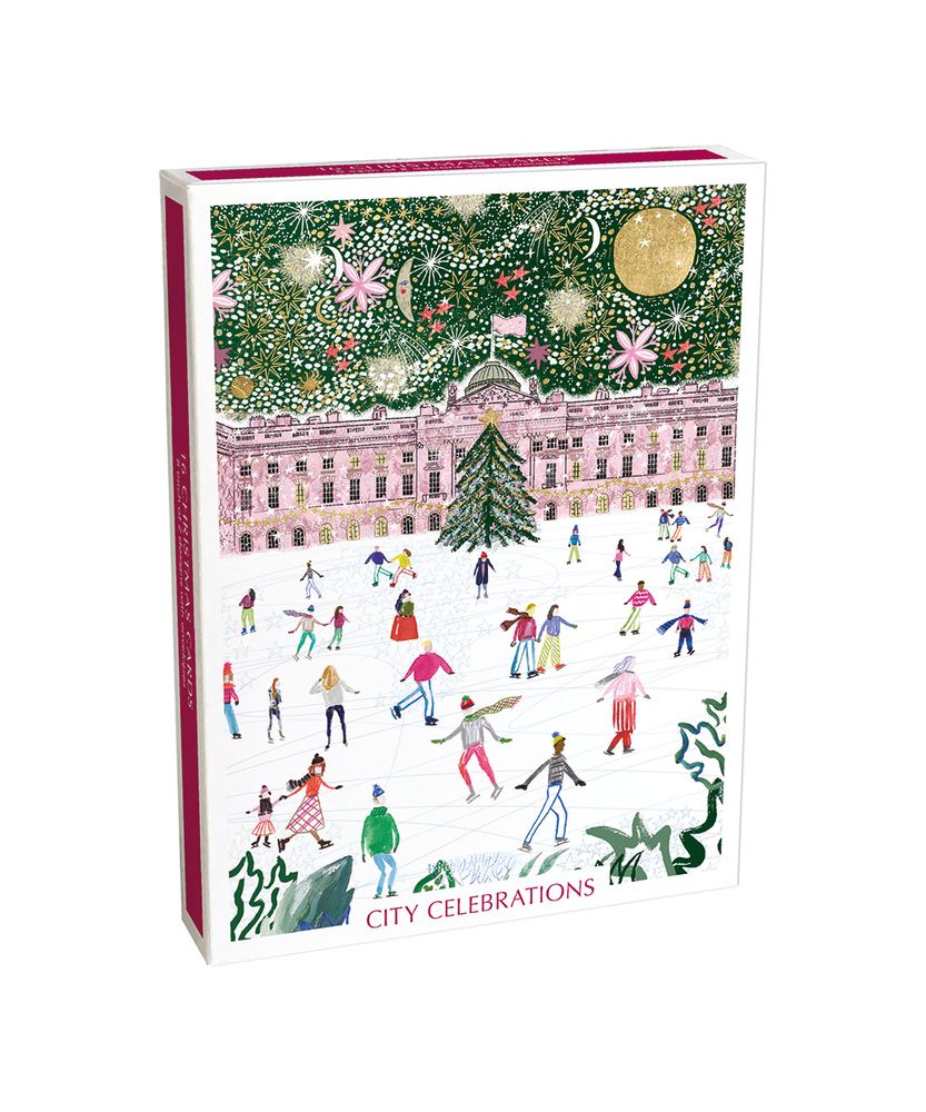 Christmas Card box with festive illustration of a city scene, Christmas tree, and people skating.