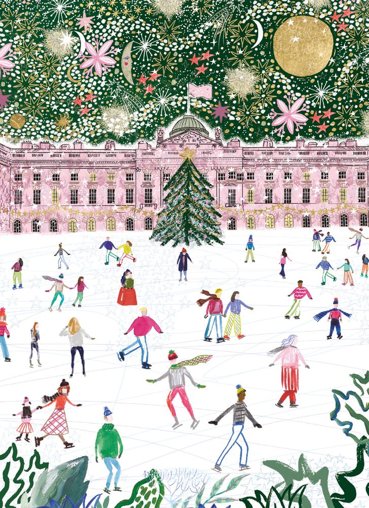 Illustration of a festive scene with people skating on ice, trees, and a building in the background.