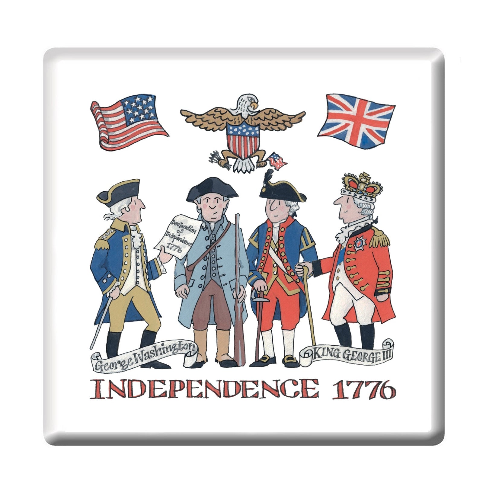 Independence 1776 coaster featuring a whimsical illustration of key players