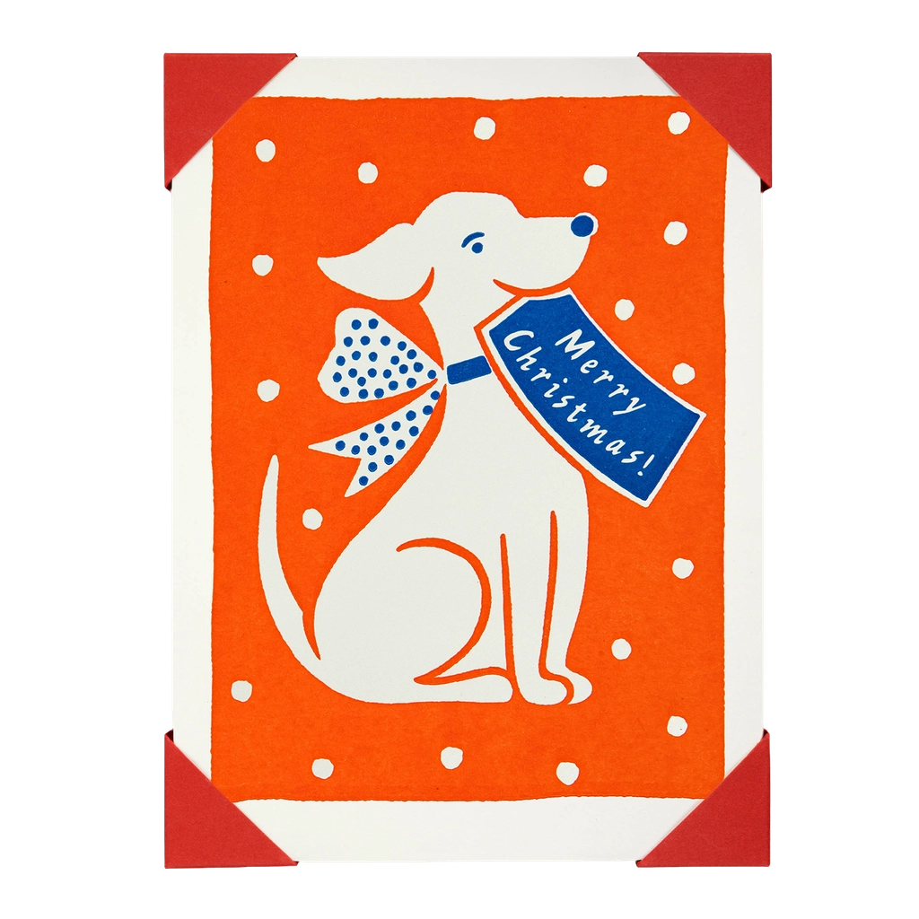 Christmas card with a dog holding a 'Merry Christmas!' sign on an orange background